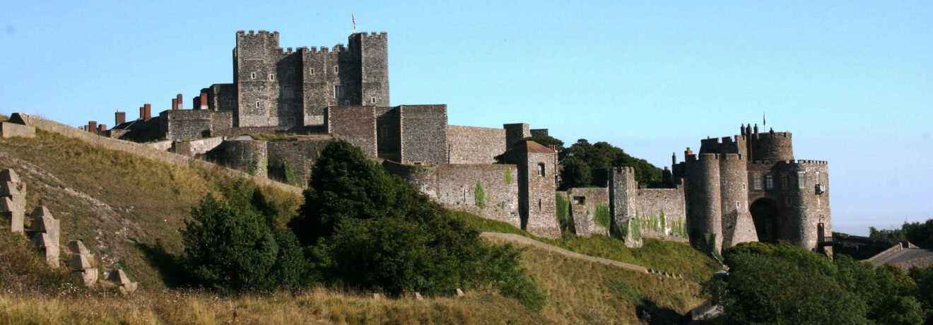 a view of dover castle surrounded by trees